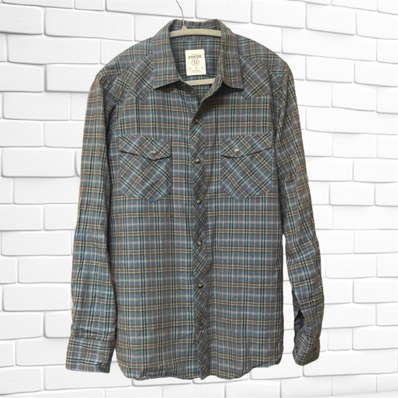 Fossil 54 Men’s Pearl Snap Western Button Down Shirt Medium - Picture 1 of 6